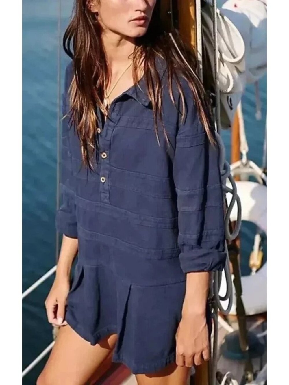 Free People FREE-EST Checkin’ In Mini Dress Navy XL NWT Long Sleeve Pleated